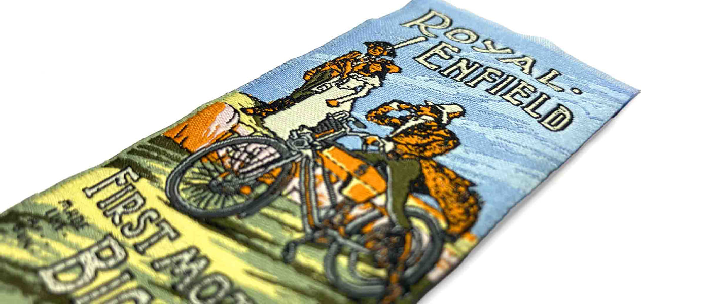 Woven label sample — Royal Enfield style heritage patch